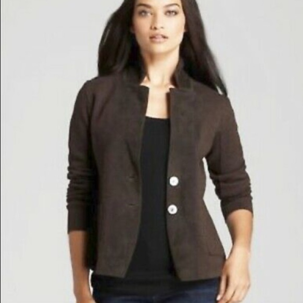 Eileen Fisher Merino Wool & Lamb Leather Cardigan Jacket | S